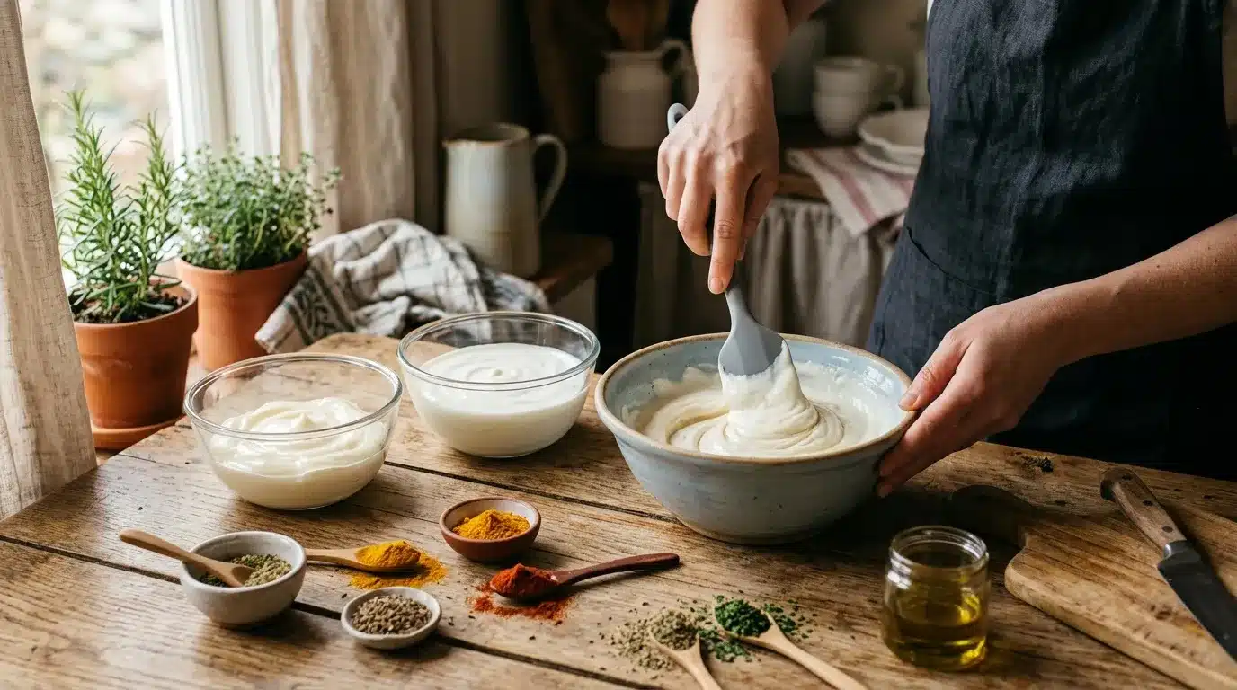 Mains mélangeant sauce crémeuse avec épices et herbes fraîches