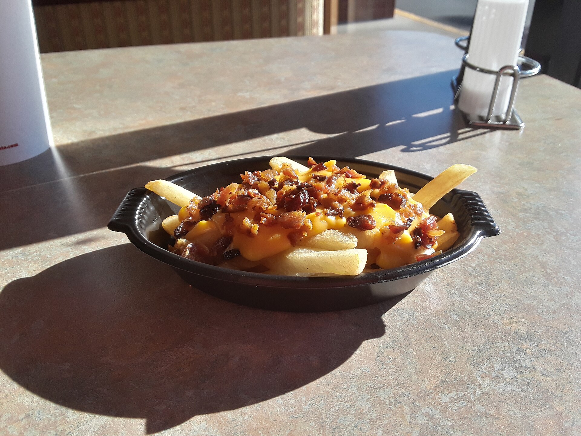 Frites garnies de cheddar fondu et de bacon, vues de côté